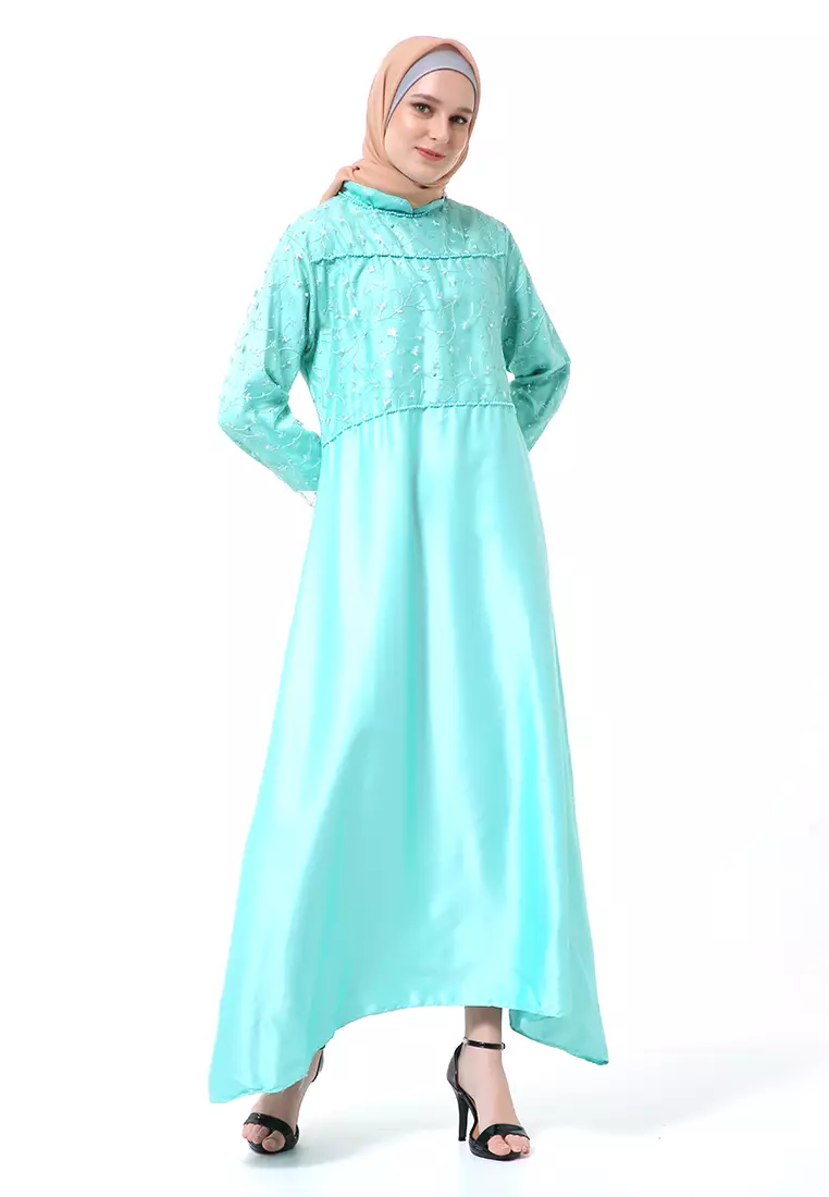 Erica Gamis Dress Muslimah Lengan Panjang Aksen Mutiara Fashion Wanita - Mint