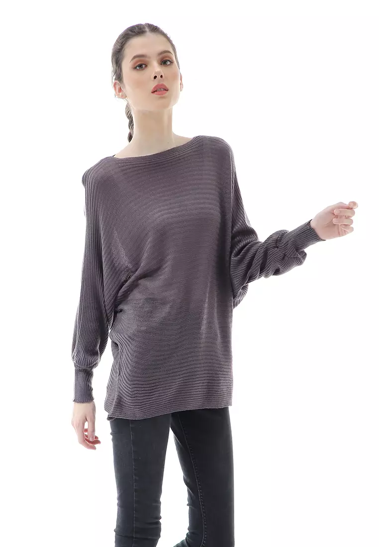 Eveline Sweater Rajut Batwing Atasan Wanita Motif Polos High Quality - Abu Tua