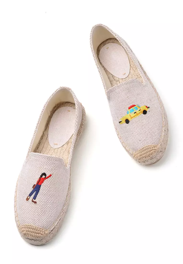 厚底刺繡亞麻布草編麻底鞋 HB6106