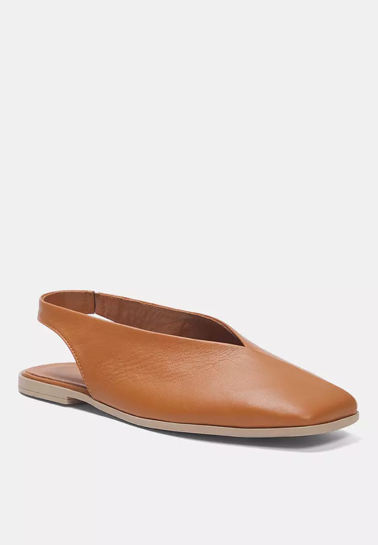 Tan Leather Square Toe Flats
