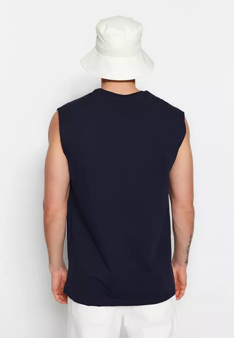 Navy Blue Oversize/Wide Cut Sleeveless Chicago Print Plus Size Tank Top TMNSS25CV00001