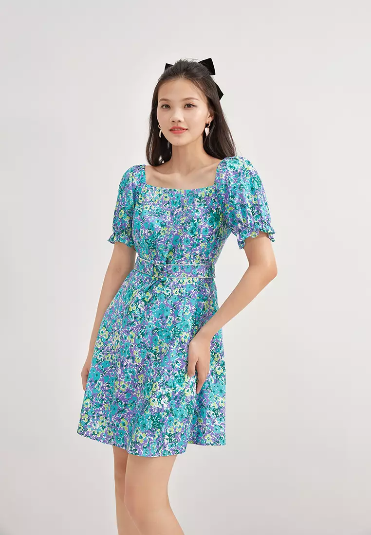 Square Neck Floral Mini Dress with Belt