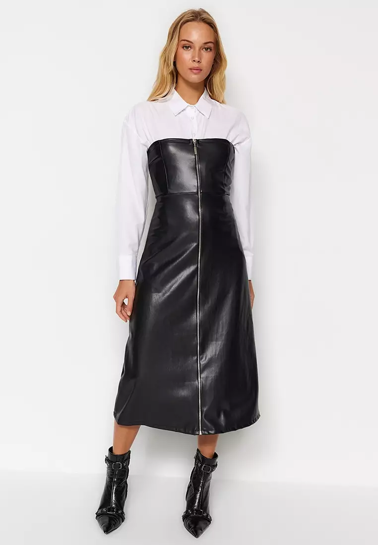 Faux Leather Strapless Midi Dress