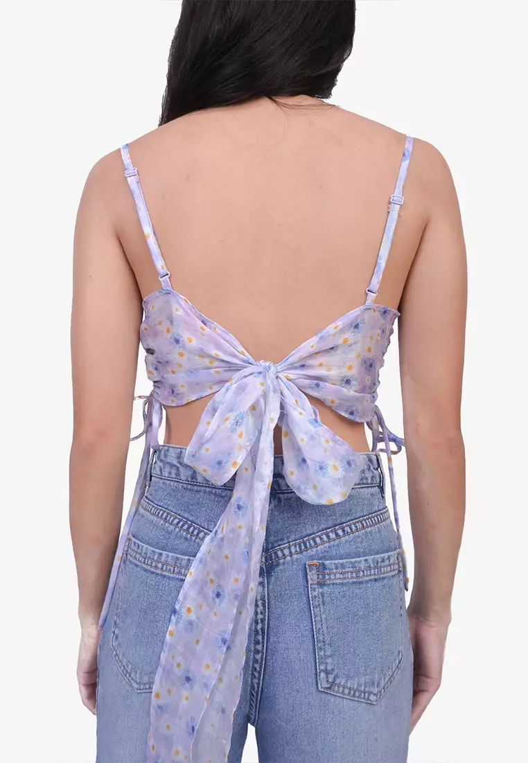 Daisy Print Cowl Neck Crop Top