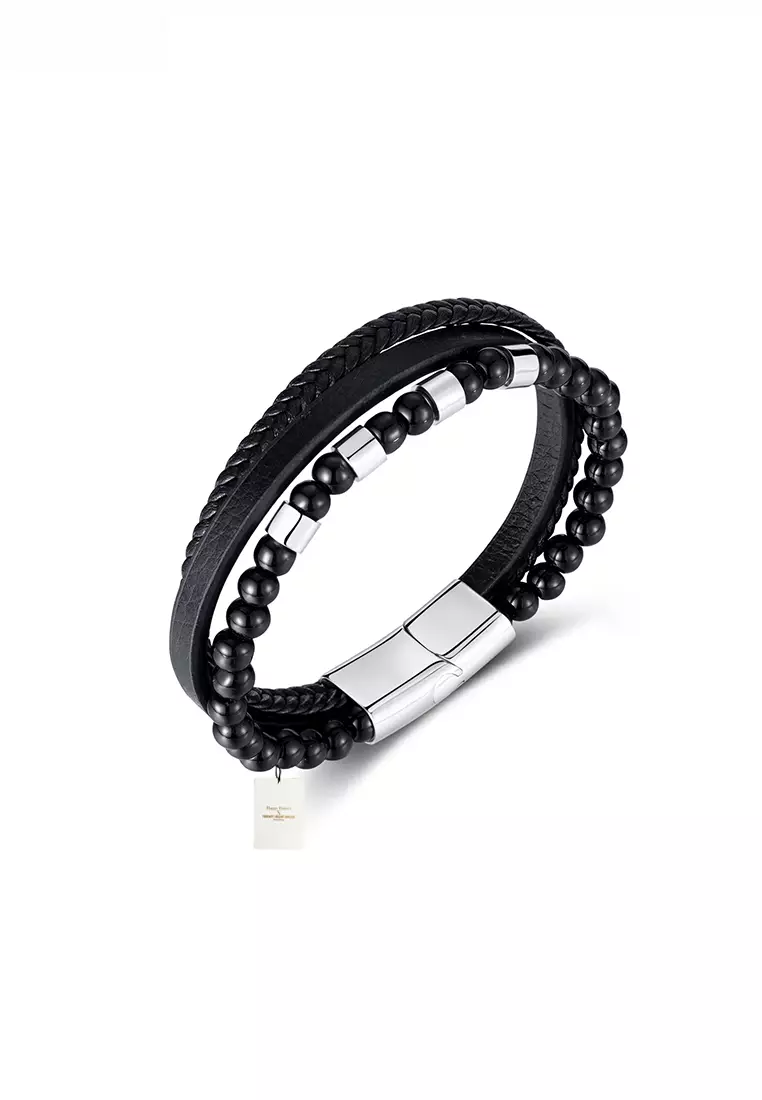 Mens grey top leather bracelet
