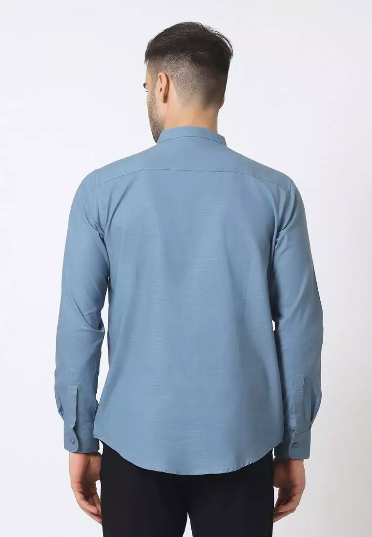Cotton Well Oman Henley Shirt Blue │Kemeja Koko Basic Lengan Panjang Biru
