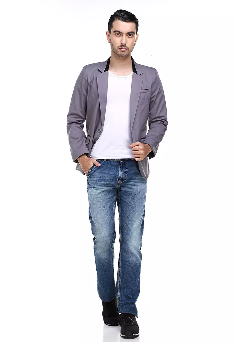 Woreq Jas Blazer Pria Three Pockets Collar Stripe Black Formal Casual Suit Material Drill ORIGINAL - Gray