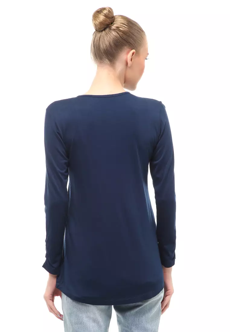 Kaos Wanita Lengan Serut Motif Solid Design Simple Relaxed Fit - Navy