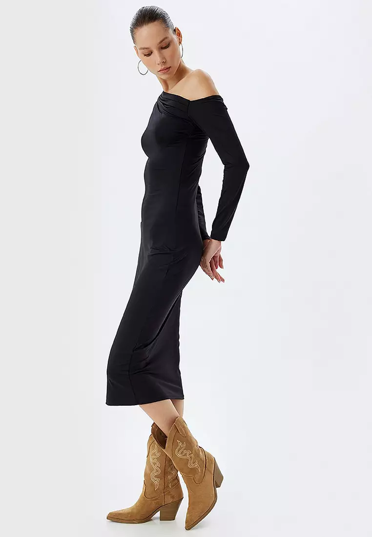 Asymmetrical Ruched Midi Dress