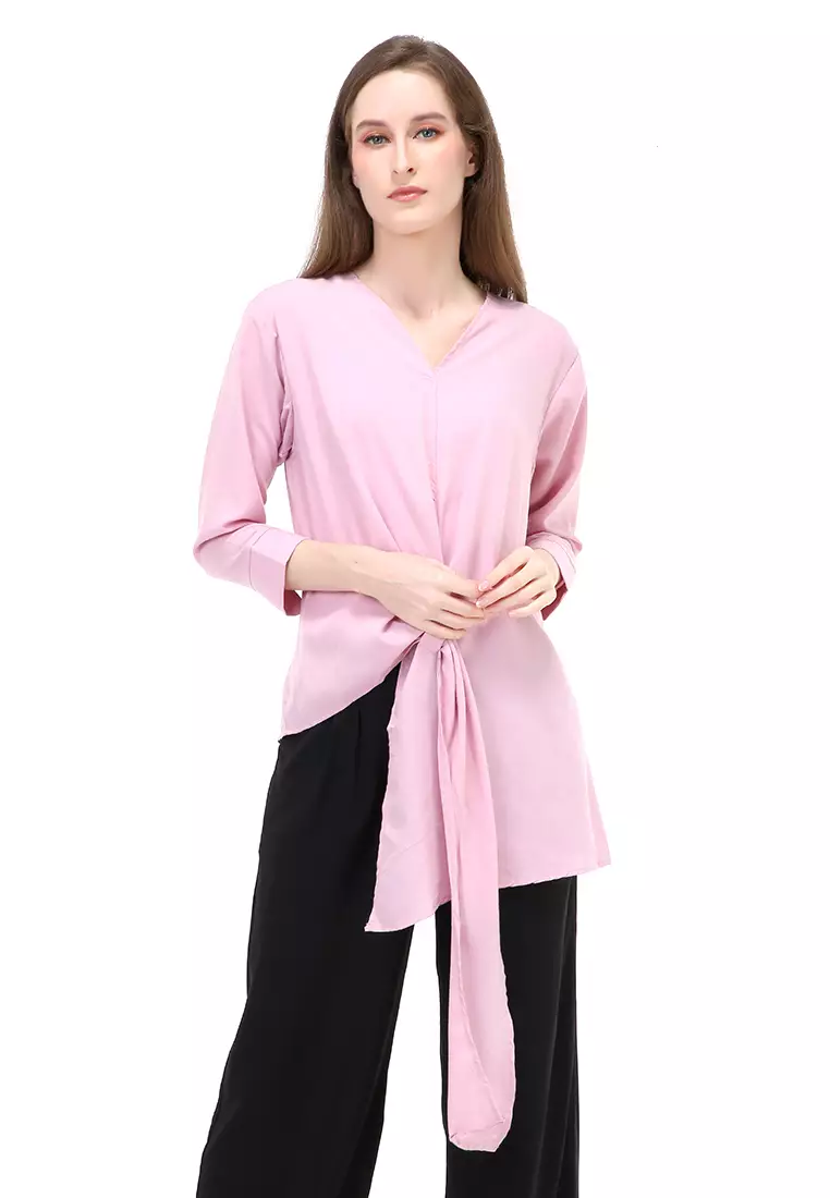 Alena Blouse Long Sleeves Wanita Motif Polos Atasan Wanita Casual - Pink