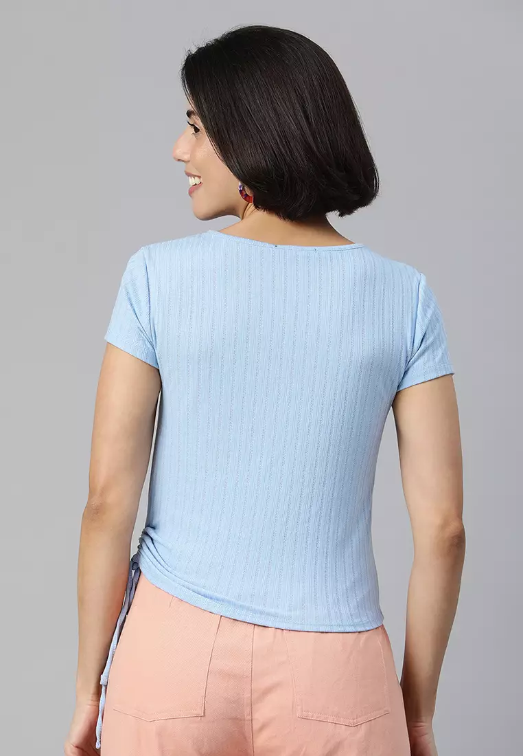 Periwinkle Biru Solid Rib Knit Wrap Top