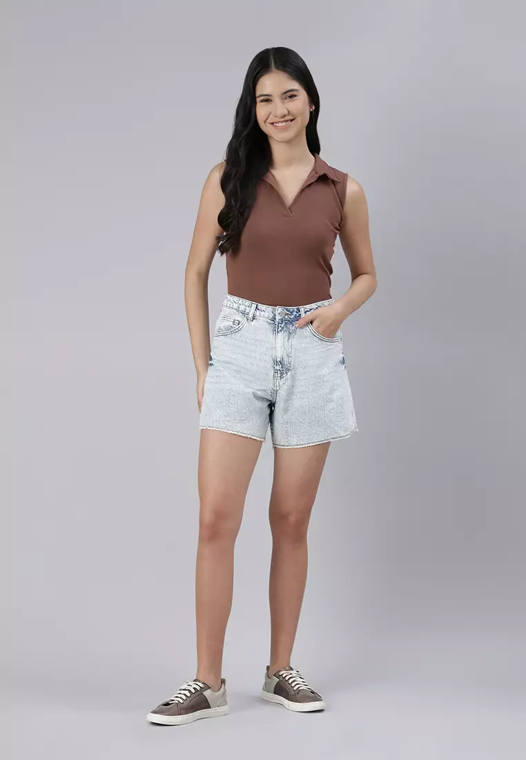 Biru Celana Pendek Jeans Mentah Mencuci Asam