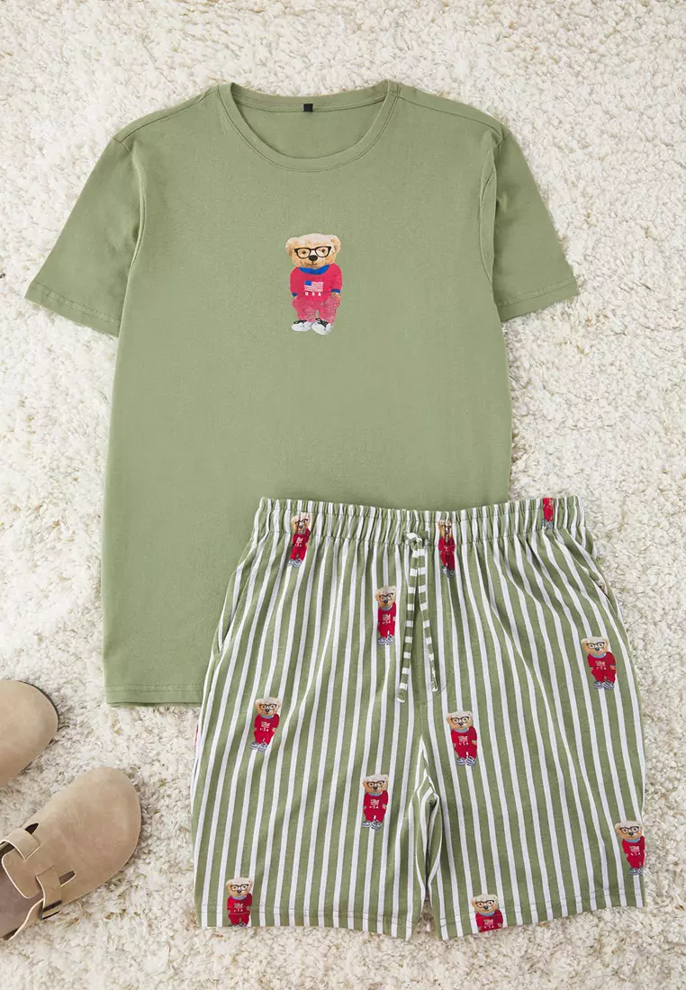 Khaki Regular Fit Printed Knitted Shorts Pajama Set TMNSS24PT00034