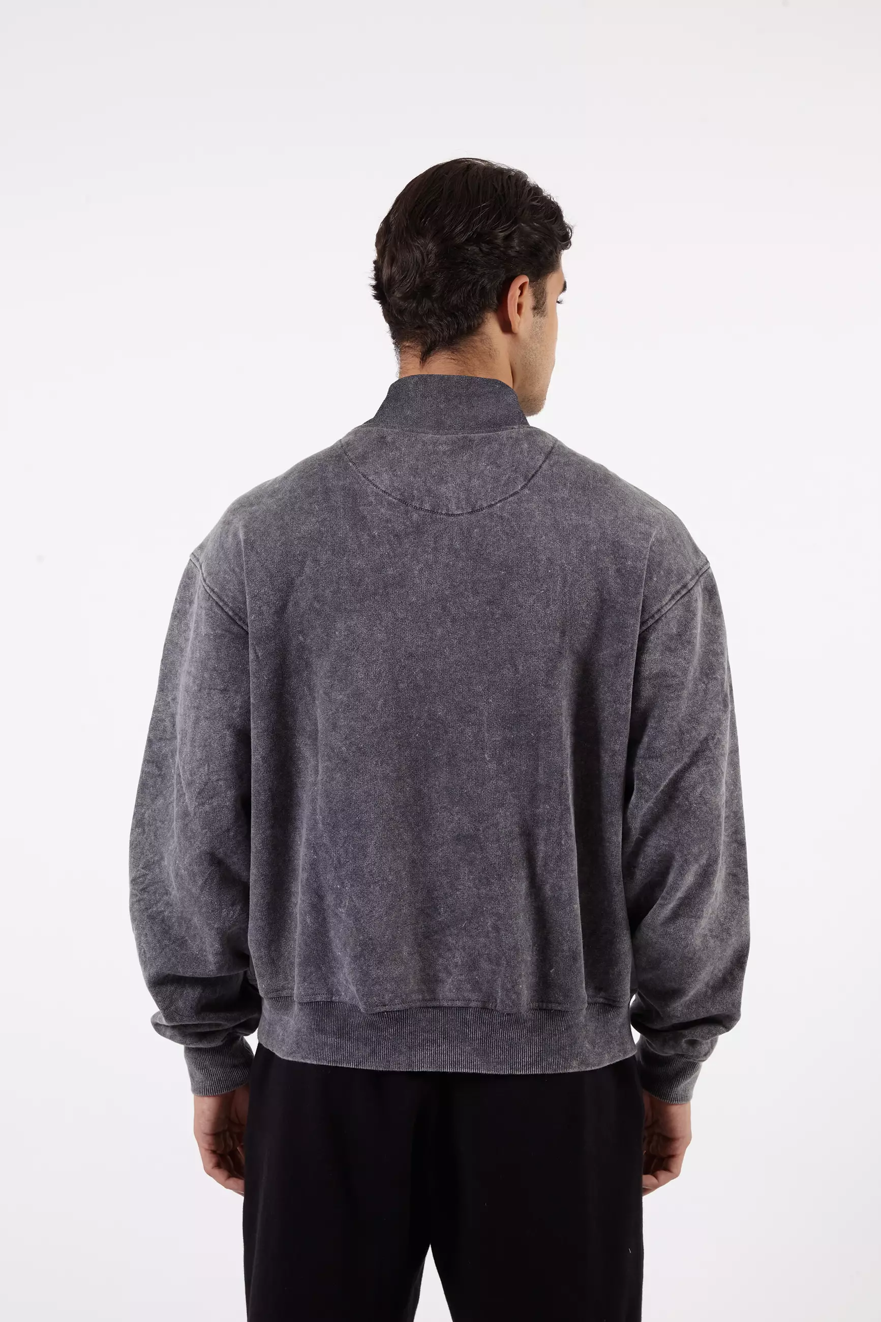 VEDECI SIGMA HALF ZIP GREY WASHED OVERSIZED PULLOVER CROP SWEATER