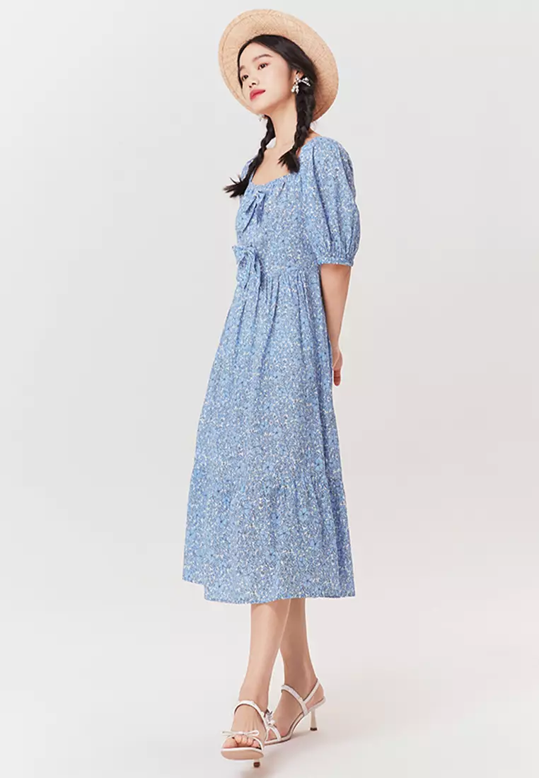 Summer Puff Knot Sleeve Chiffon Dress