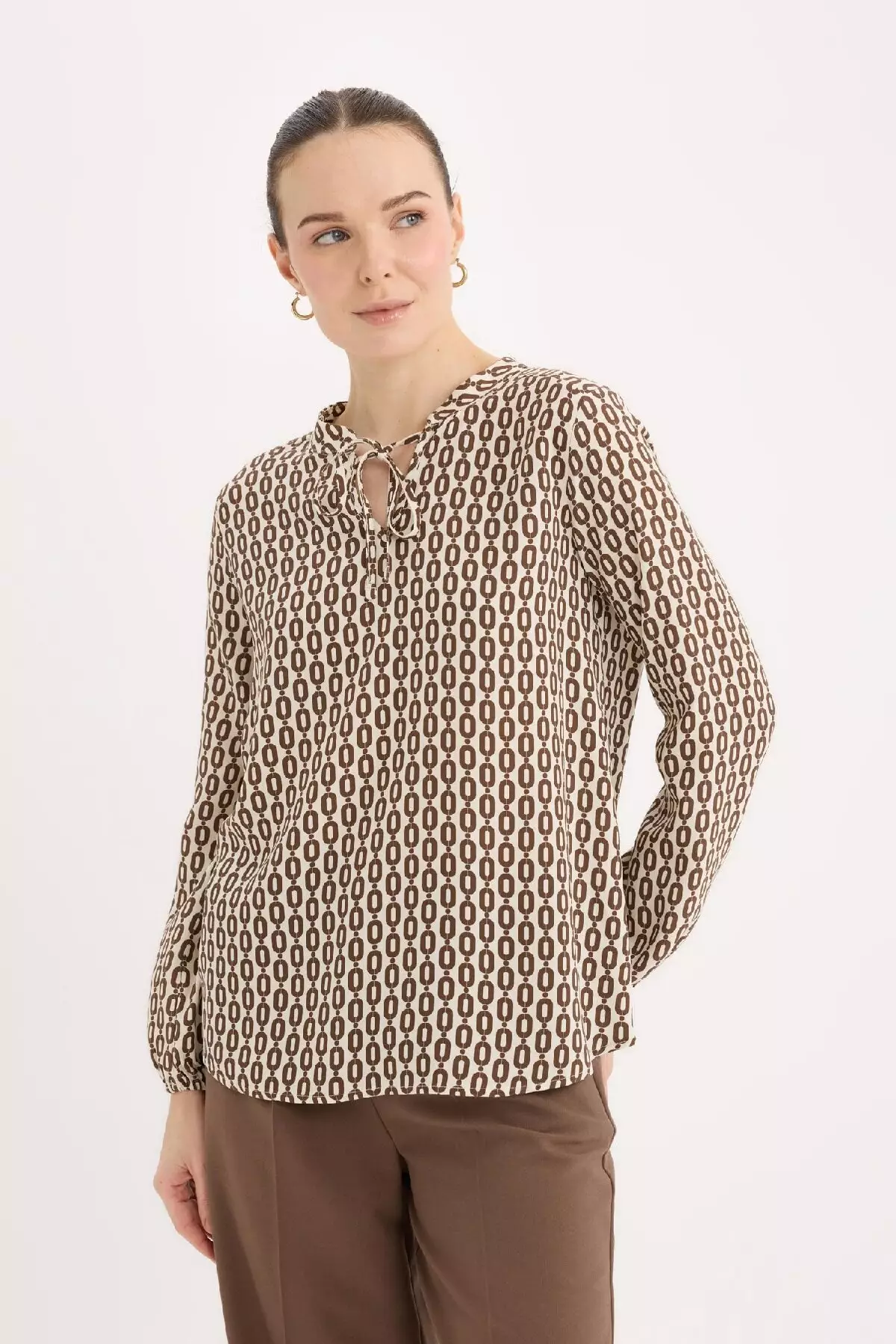 Regular Fit Lace-Up Collar Patterned Long Sleeve Blouse N1809Az25Sp