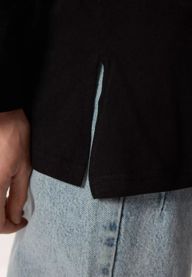 Black Beige Long Sleeve Slit Detailed Knitted T-Shirt TCTSS25RT00000