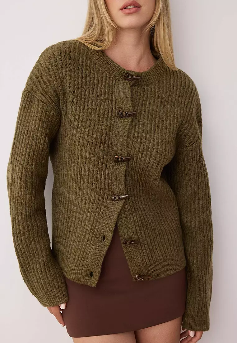 Khaki Soft Textured Button Detailed Knitwear Cardigan