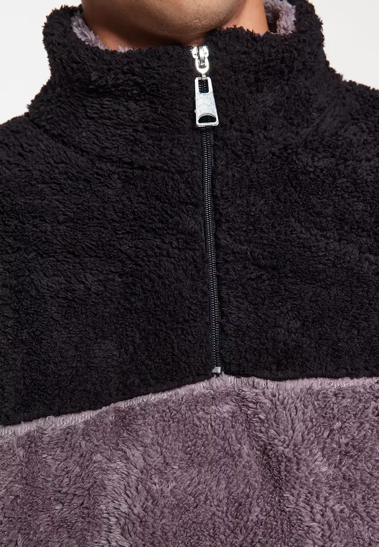 Stand Collar Zipper Color Block Color Block Thick Fleece/Plush Sweatshirt with Minimal Embroidery.