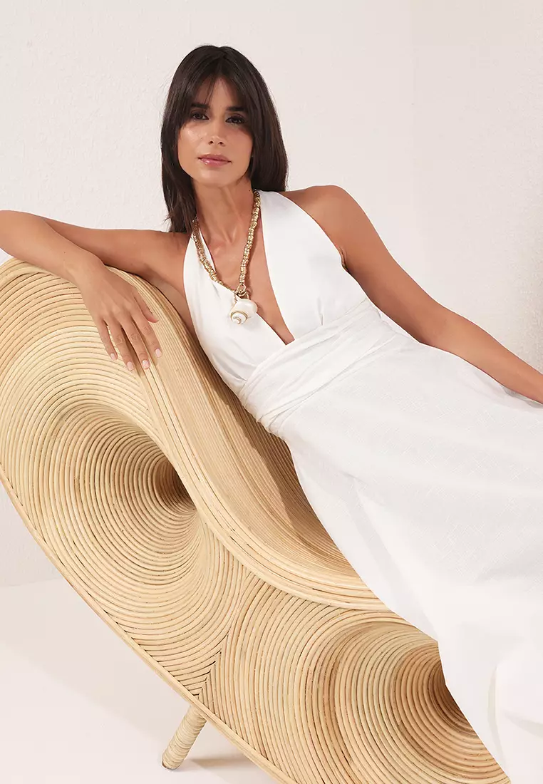 White Woven Midi Halter Neck 100% Cotton Beach Dress TBESS25EL00129
