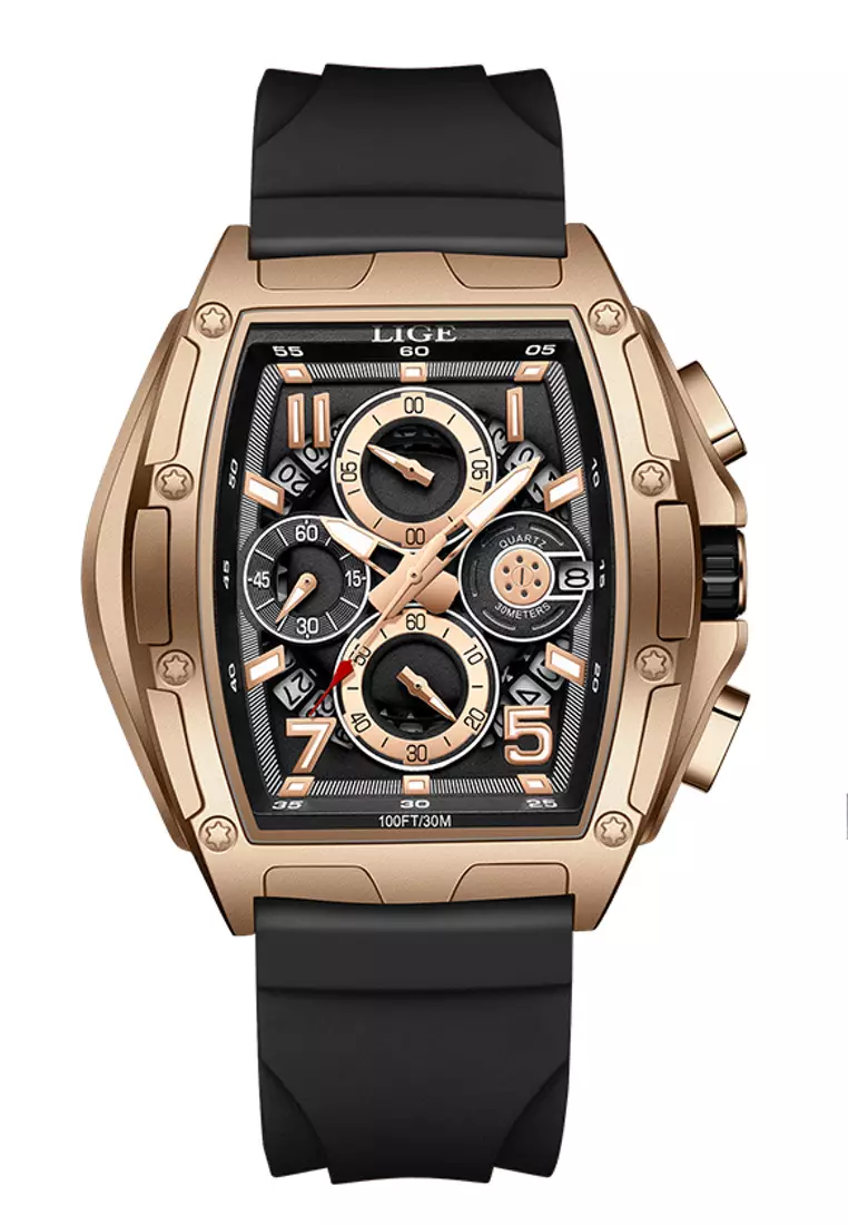 男女通用酒桶形 IP 玫瑰色不鏽鋼石英手錶配橡膠錶帶