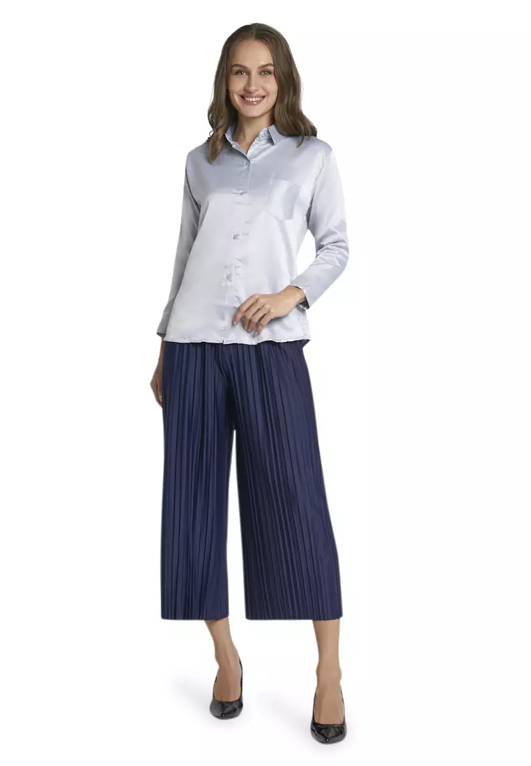 Uchenna Kemeja Lengan Panjang Shirt Plain Atasan Wanita Baju Kerja Regular Fit - Abu Muda