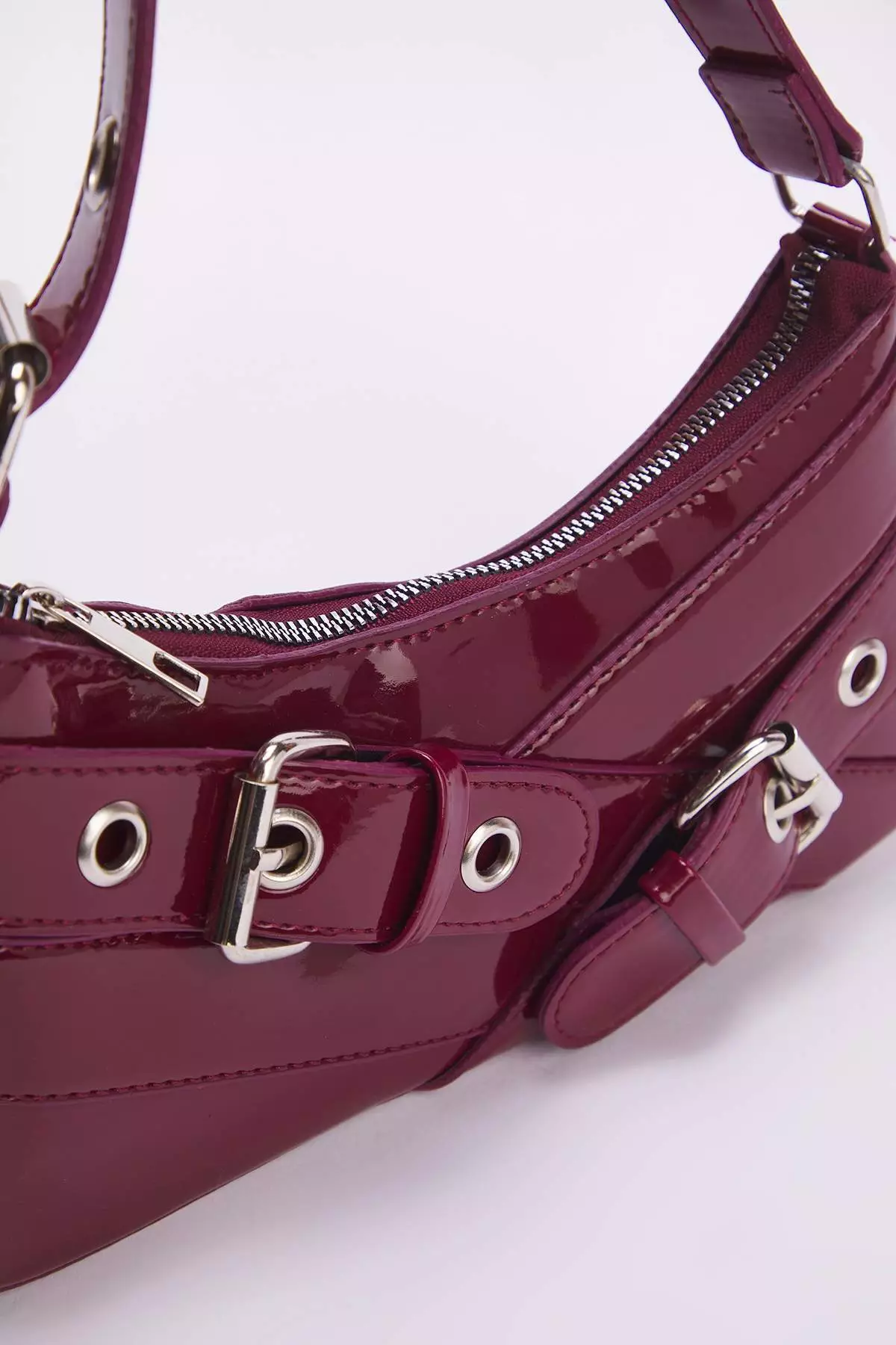 Burgundy Eyelet Belt Buckle Detailed Women's Baguette Shoulder Bag Takss25Oc00069