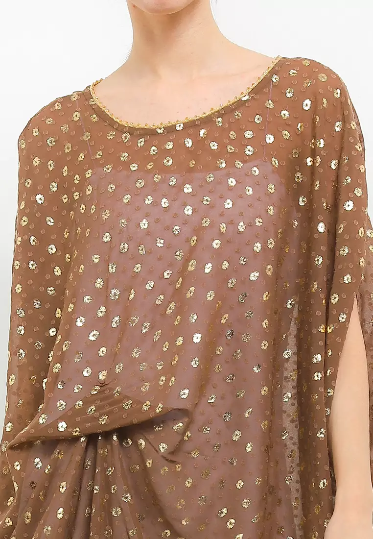Beaded Neckline Gold Print Swissdot Chiffon Ruched Kaftan