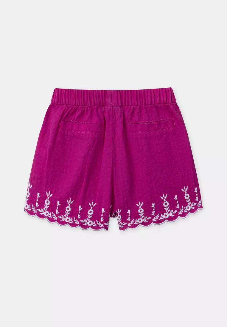 Fuchsia pink shorts with floral embroidery