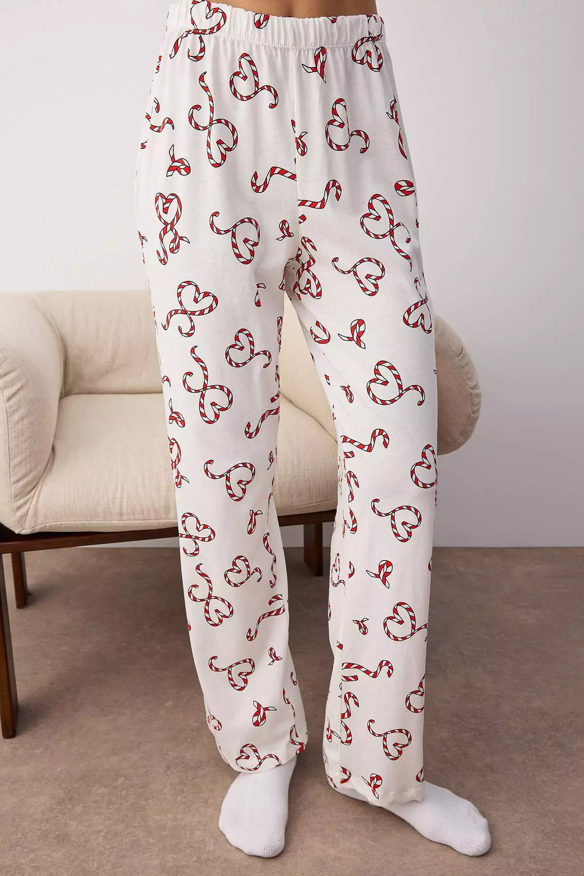 Ecru 100% Cotton Heart-Shaped New Year's Patterned Shirt Collar Knitted Pajama Set Thmaw26Pt00064
