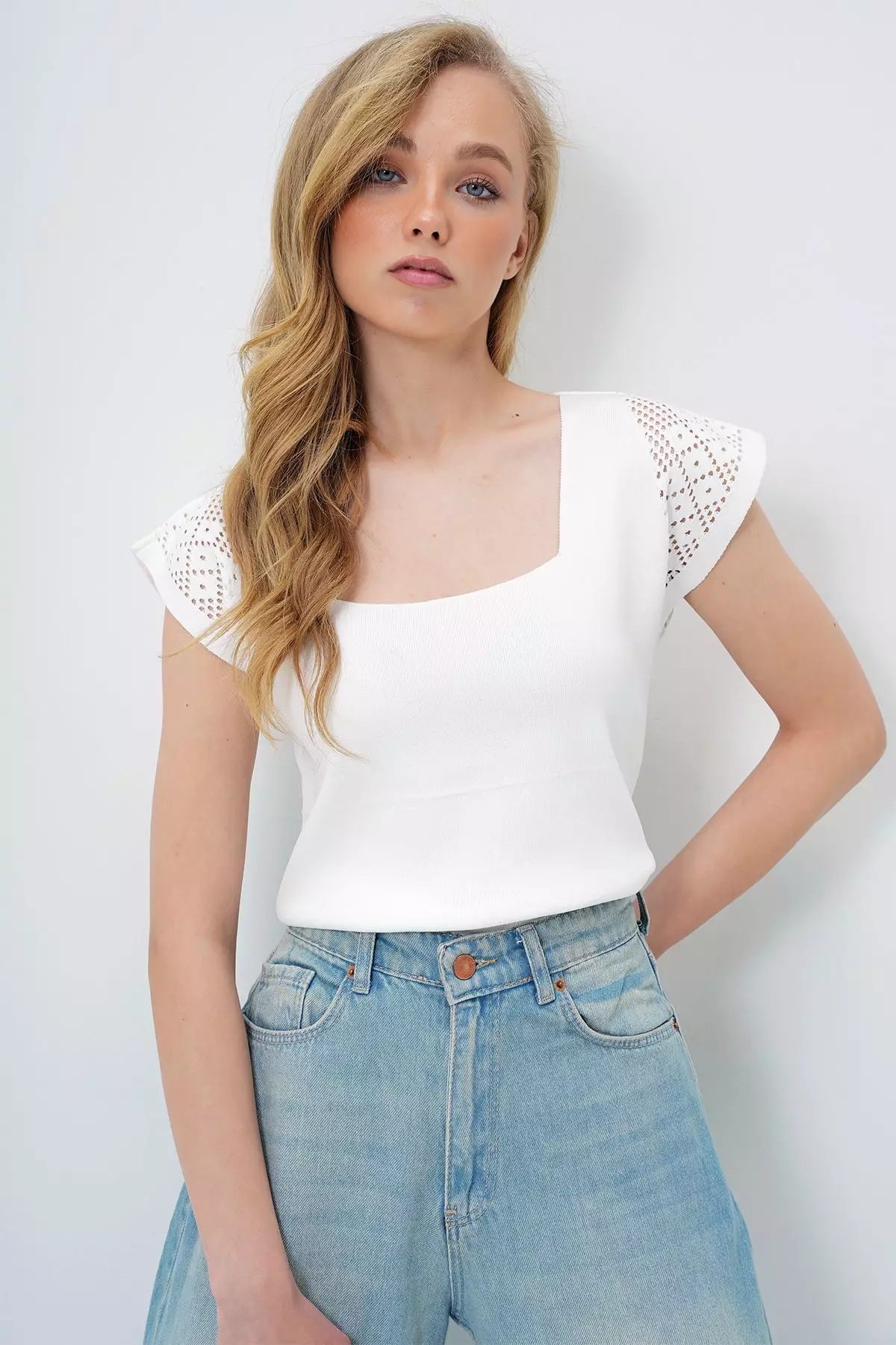 Women's White Square Neck Openwork Summer Knitwear Blouse
