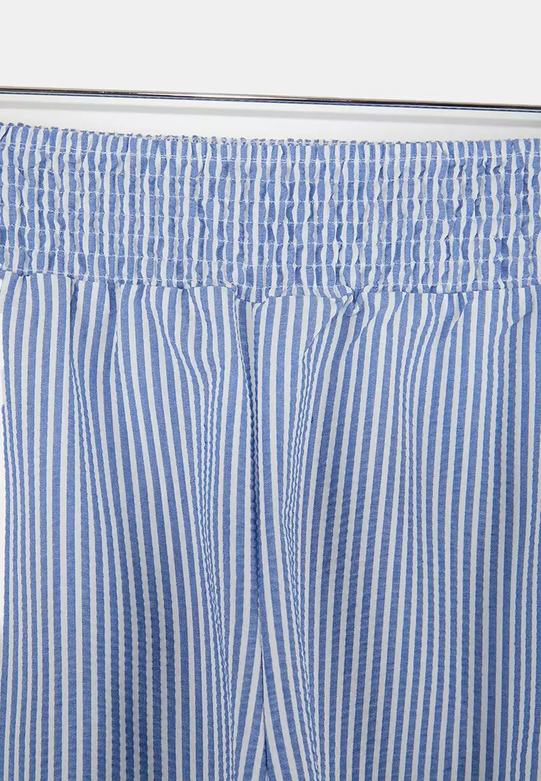 Beachwear Blue Striped Seersucker Textured Fabric Plus Size Beach Shorts Tbbss26Ap00007