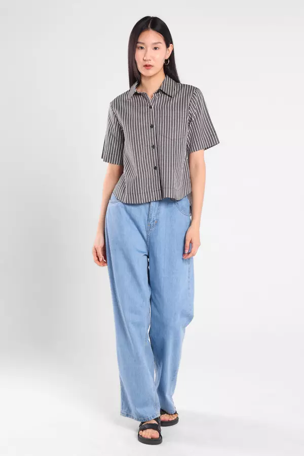 Minimal - Caron - Kemeja Wanita Motif Garis - Black Colour Black