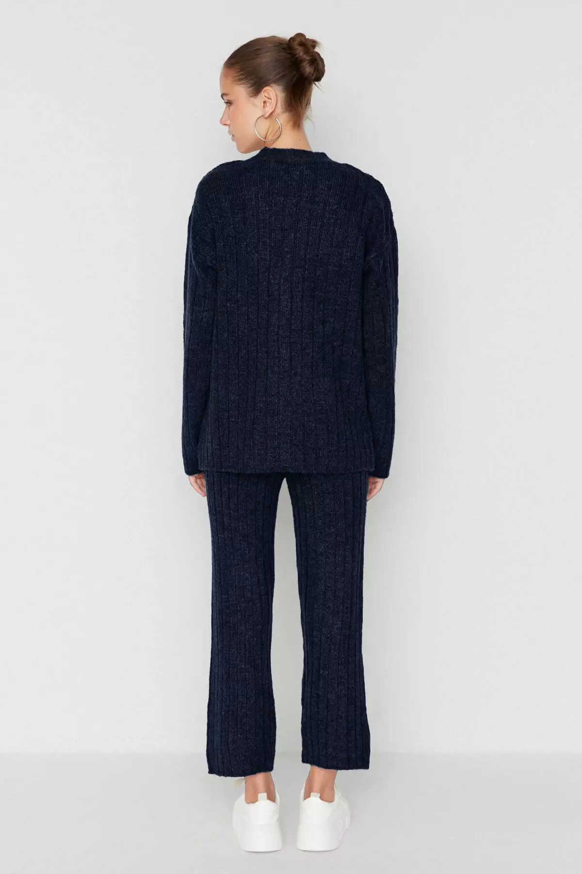 Navy Blue Wide Fit Soft Textured Knitwear Bottom - Top Set Twoaw22Au0128