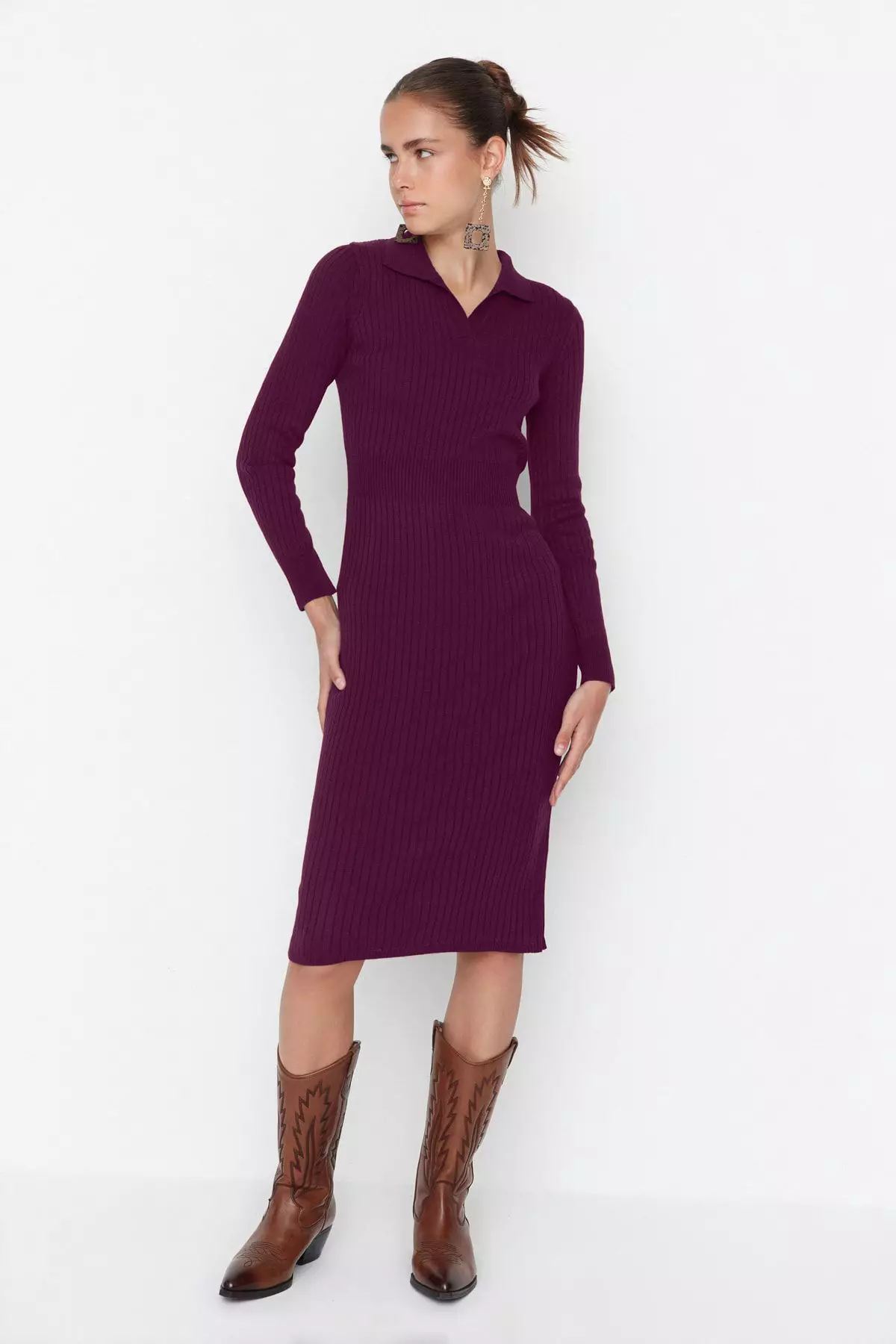 Plum Midi Knitwear Polo Collar Dress
