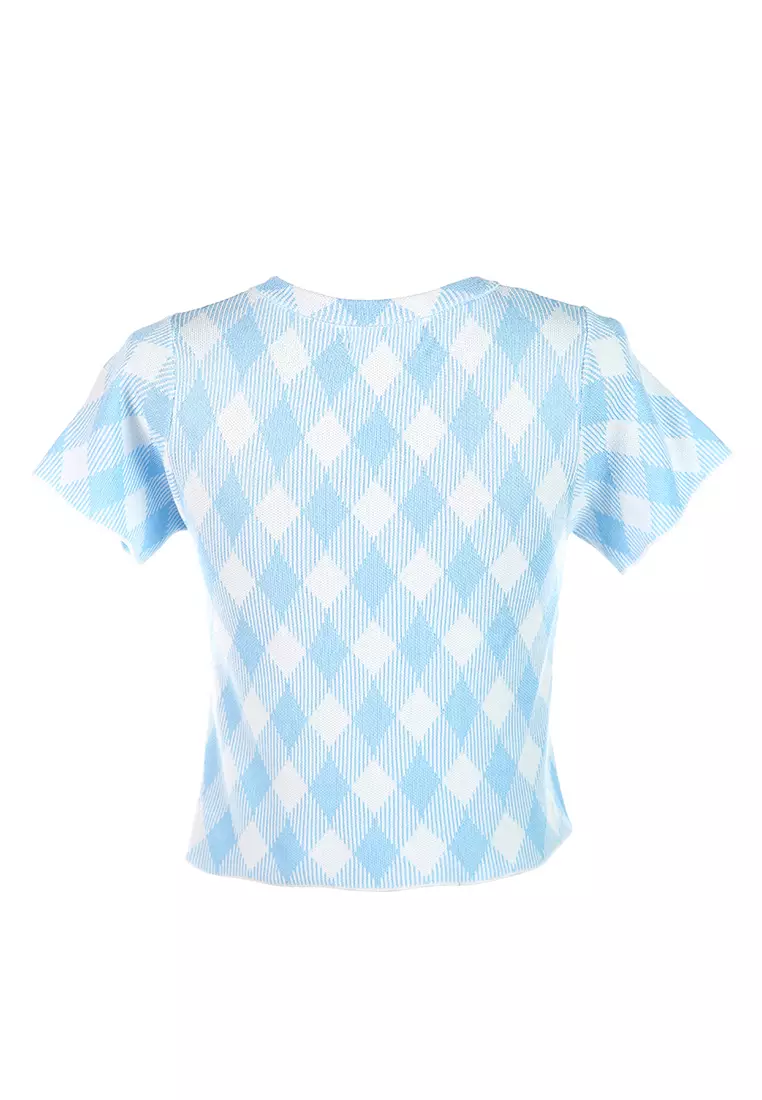 Crop Top Kotak-kotak Kasual Biru