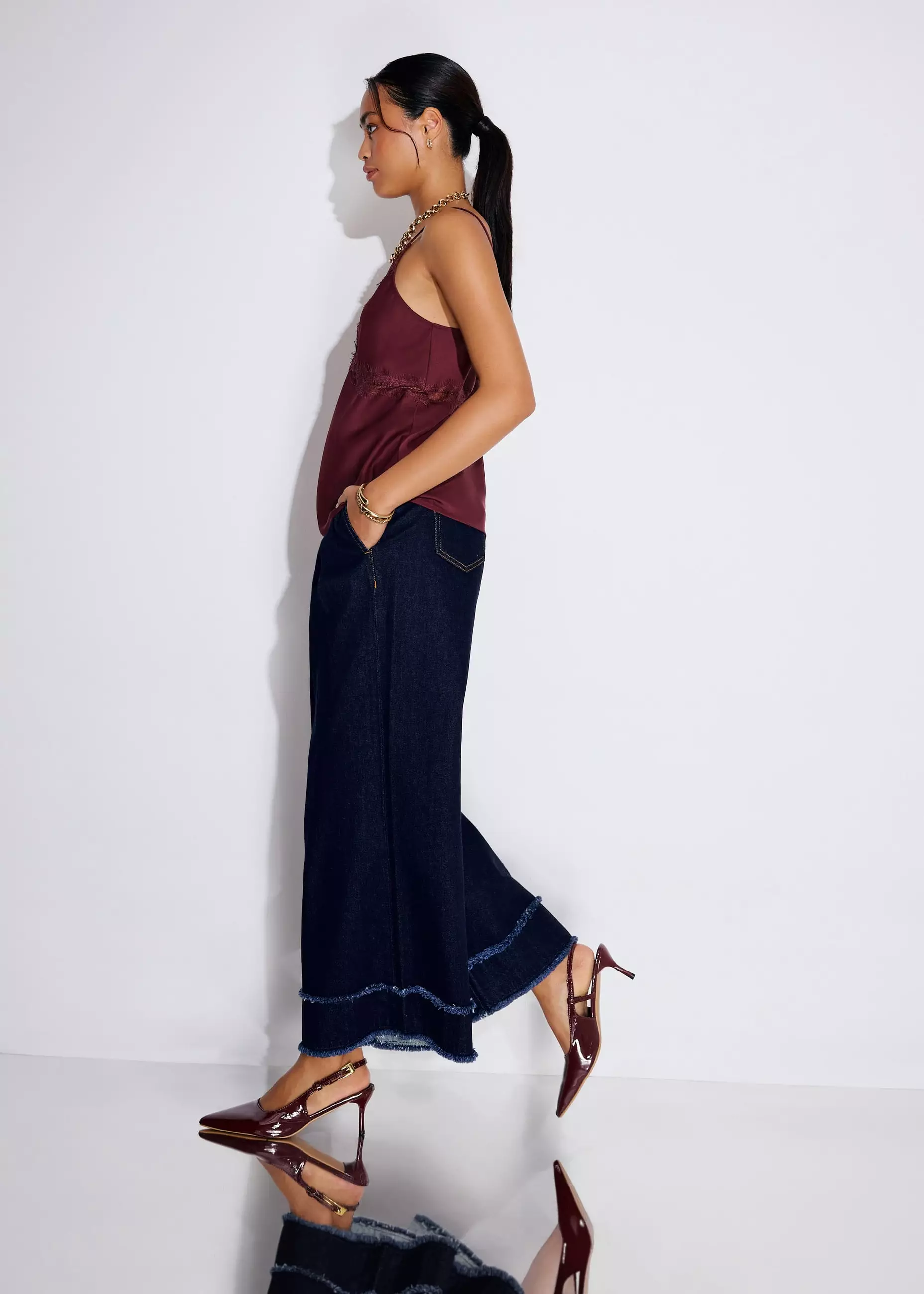 Jeans Wanita - Denim Frayed Hem Mid Waist Wide Leg Jeans