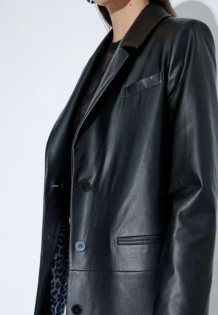 Extra Long Faux Leather Trench Coat Double Breasted Buttoned Pockets