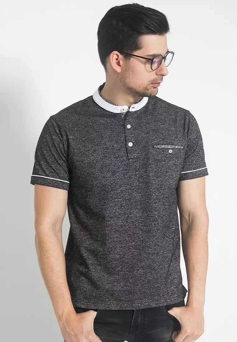 Johnwin - Kaos Henley - Kaos Pria - Kerah Shanghai - Hitam - ATS.630.M461.01.C-S/S