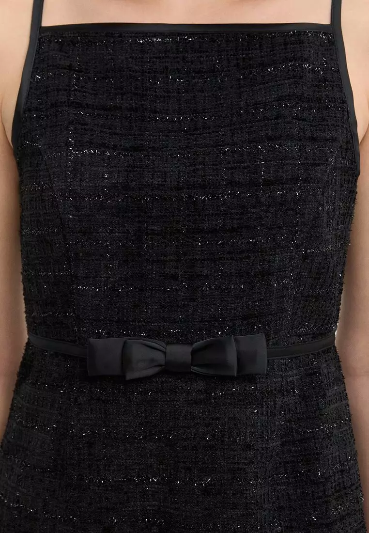 Textured Sleeveless A-Line Mini Dress with Floral Bow Waist Detail - Black