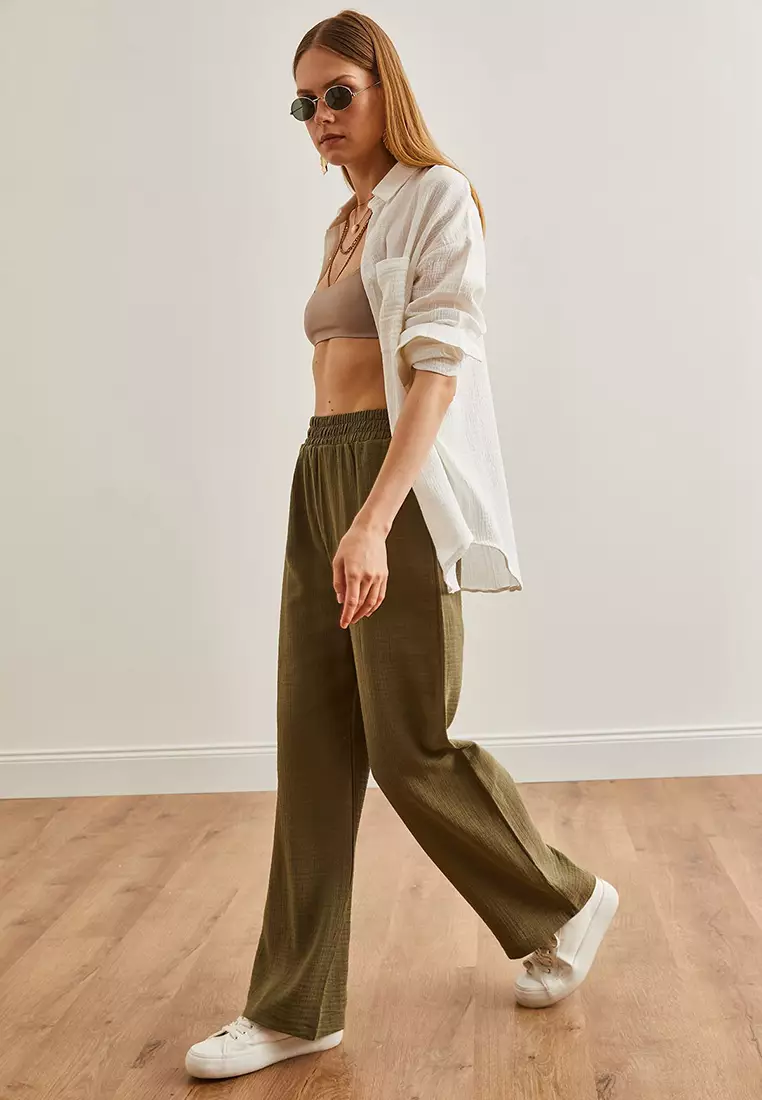 Elastic Waist Pocket Muslin Pants