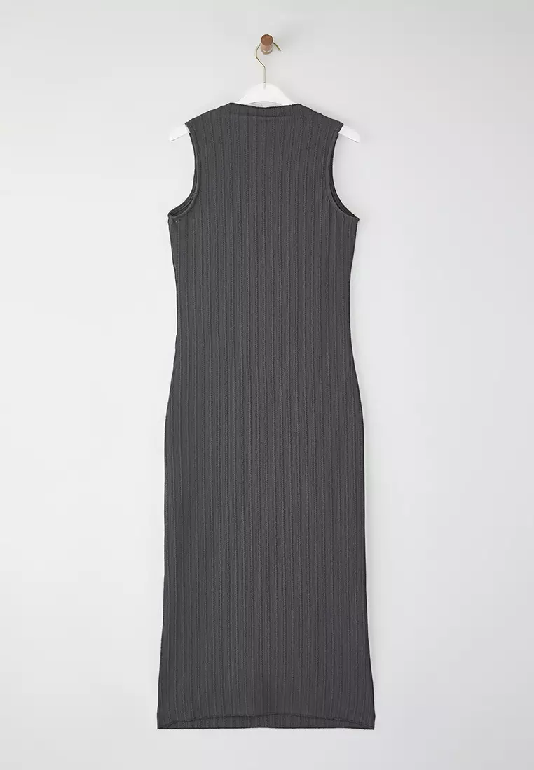 Anthracite Textured Fabric Stand Collar Body-Smoothing Flexible Maxi Knit Dress TWOSS25EL00163