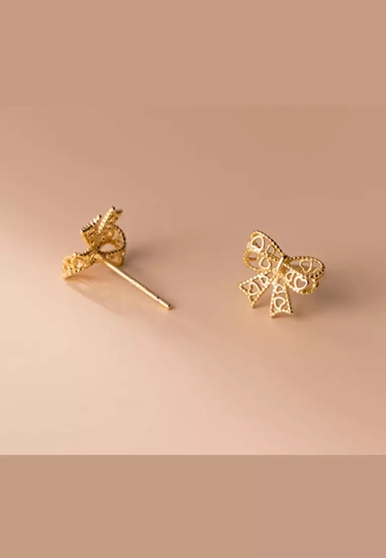 925 Silver Plated Gold Hollow Out Heat Line Ribbon Earrings JW AR-G8055