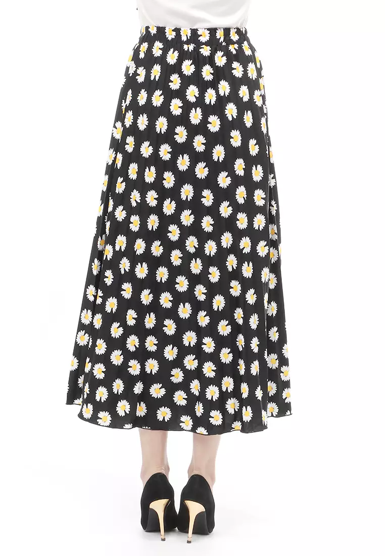 Rok Plisket Motif Print Design Vintage Rubbery Waist Bawahan Wanita - Daisy Hitam