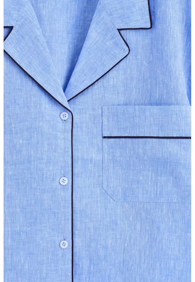 CONTRAST-PIPED LINEN RESORT SHIRT