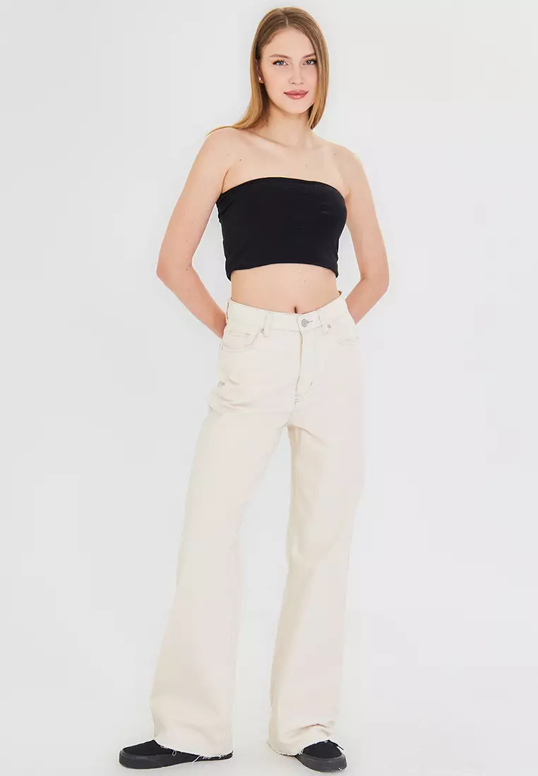 Ecru Cut-Off High Waist Straight Jeans TWOAW25JE00378