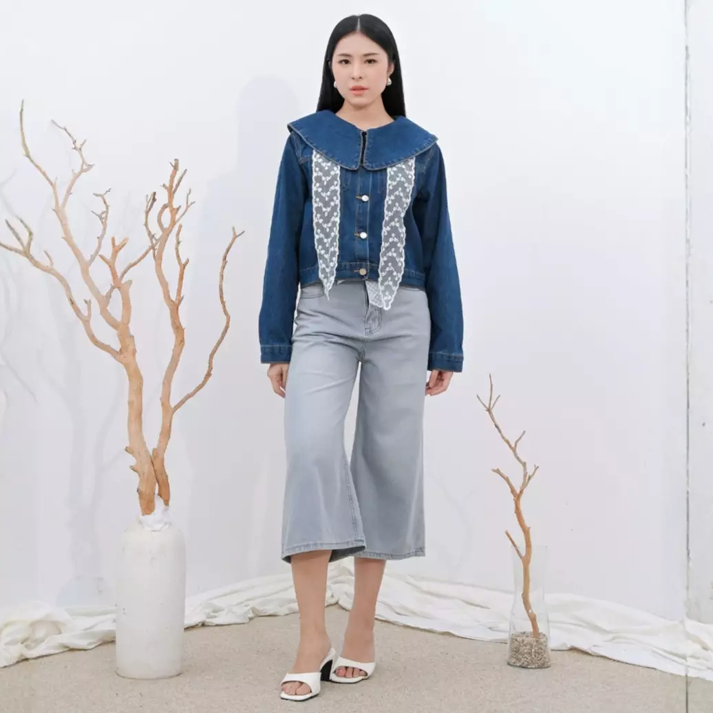 Elena Cropped Denim Lace Jacket in Navy