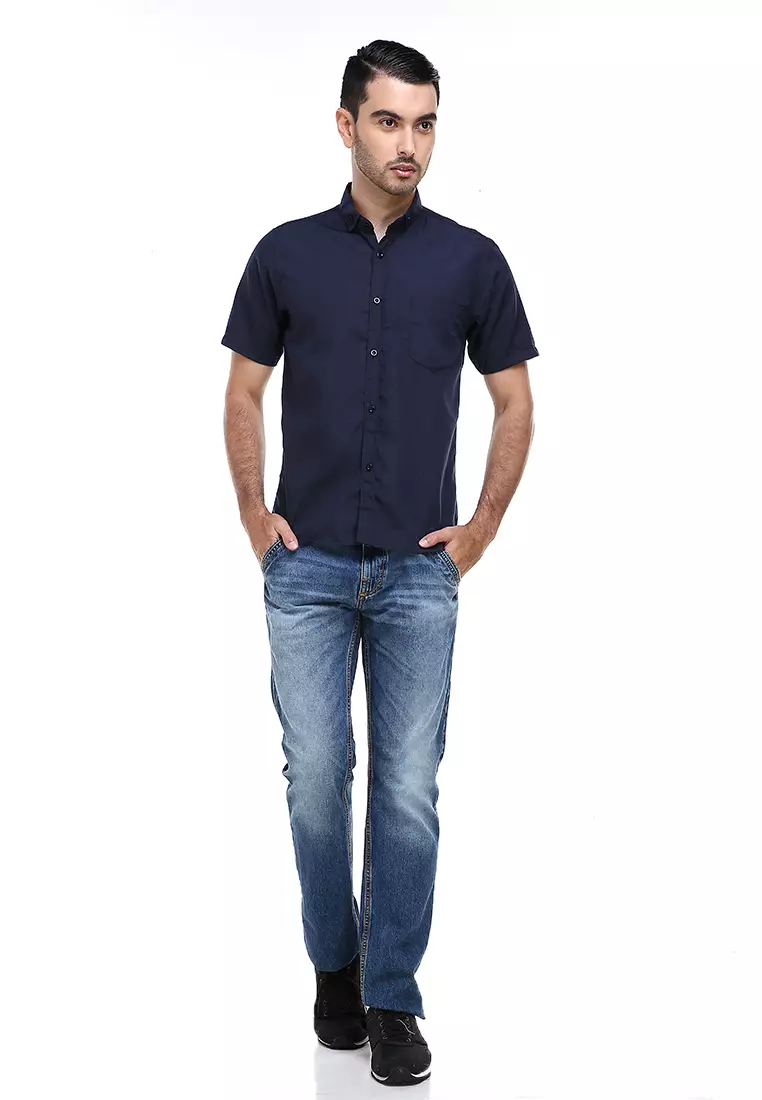 Dwan Casual Shirt Kemeja Polos Pria Lengan Pendek Kasual Formal Material Cotton ORIGINAL - Navy