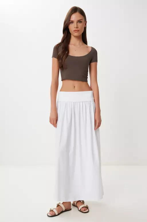 Women's Ecru Long Summer Flexible Knitted Skirt Cr00519