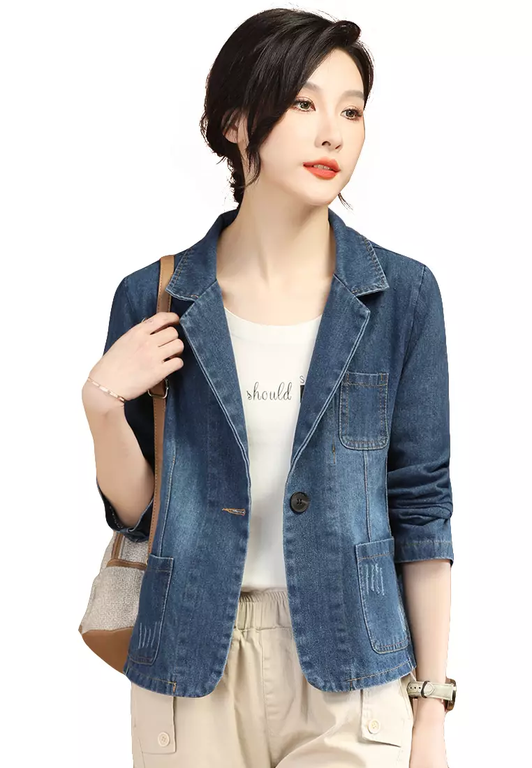 AIN GIRLS Simple Suit Collar Denim Jacket 2024 Buy AIN GIRLS Online